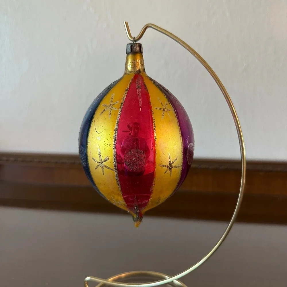 Vintage Poland 6'' Jumbo Teardrop Glass Christmas Ornament Multi Color Mica